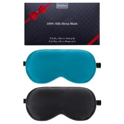 Afbeelding van Zijden slaapmasker, 2 pakjes 100% echt natuurlijk zijde oogmasker met verstelbare bandjes, oogslaapmasker, bijenstokken zomerreis oogslaapmasker om gezwollen ogen te verminderen (zwart en pauwblauw)