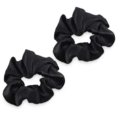 Afbeelding van Navaris set van 2 scrunchies 100% zijde 2x scrunchie Haarelastiekjes Haarwokkels Haaraccessoires Voor paardenstaart en knot Zwart