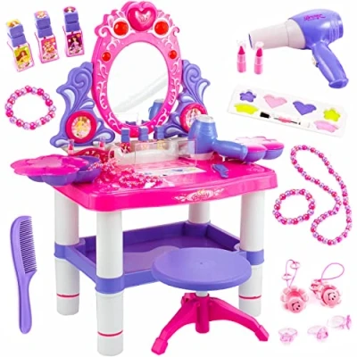 Afbeelding van Kinderplay Kaptafel voor kinderen, make uptafel meisjes, kaptafel, speelgoed, uphoofd, speeltafel roze met kruk en accessoires, licht, geluid, KP2798