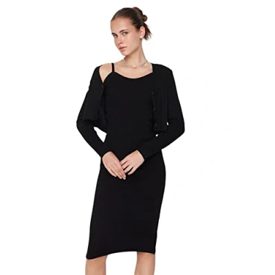 Afbeelding van Trendyol Vrouwen Standaard mouw V hals Bodyconus Zwart Getailkunstleerd Midi Gebreid Vest Rokkostuum TWOSS21EL0208 Jurk