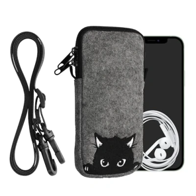 Afbeelding van kwmobile Tasje voor smartphones XXL 7&quot; Hoesje van vilt in grijs / zwart Phone case met nekkoord design