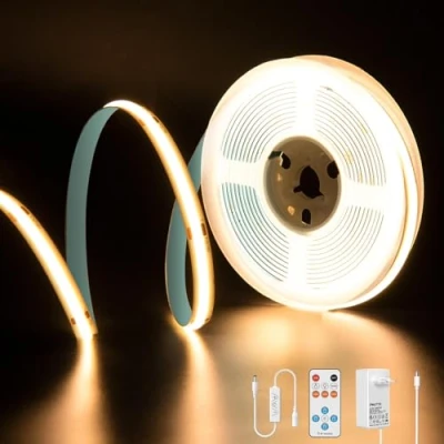 Afbeelding van PAUTIX COB LED Strip 2700K Warm wit 5M,dimbaar 24V 2400LEDs witte set met timerfunctie RF afstandsbediening en GS voeding,CRI93+ heldere onderkastverlichting voor thuis DIY decoratie