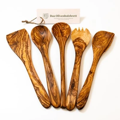 Afbeelding van DAS OLIVENHOLZBRETT® Set van 5 spatels, kooklepels, lepels met hoek + slabestek olijfhout, 30 cm, houten lepel keukengerei, hout, kooklepel kooklepelset