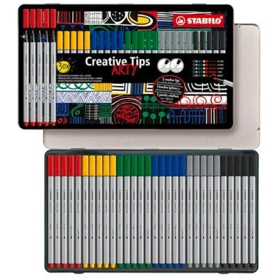 Afbeelding van Pennenset met diverse puntdiktes STABILO Creative Tips ARTY metalen etui 30 stuks CLASSIC in 6 verschillende kleuren