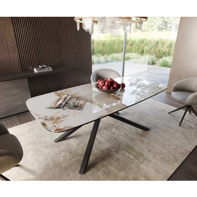 Afbeelding van DELIFE Eetkamertafel Edge Boot 200x100 keramiek Minas Melange wit beige kruisframe rechthoek zwart