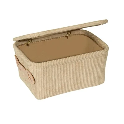 Afbeelding van WENKO Badmand Anela met deksel, mand in zacht ribfluweeldesign van 100% polyester kunstlederen handvat voor het opbergen en ordenen badkamergerei accessoires, 19 x 10 14 cm, beige