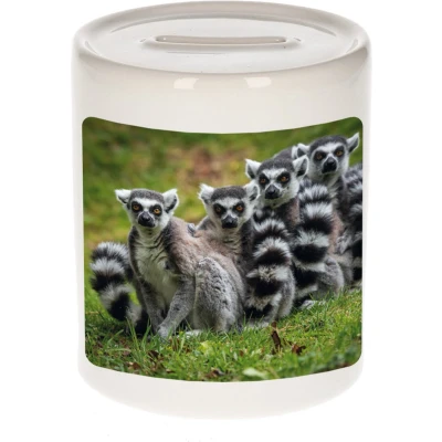 Afbeelding van Foto maki familie spaarpot 9 cm Cadeau apen liefhebber Spaarpotten