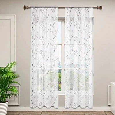 Afbeelding van WOLTU VH6057gr 2,2 Transparante Bloemenborduurgordijnen met krulband in linnenlook,Doorschijnend gordijn 140x245cm decoratief voor woonkamer,Grijs
