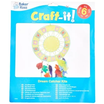 Afbeelding van Baker Ross Knutselset dromenvanger van karton en met veren om te knutselen op hangen voor kinderen geschikt als raamdecoratie 6 stuks
