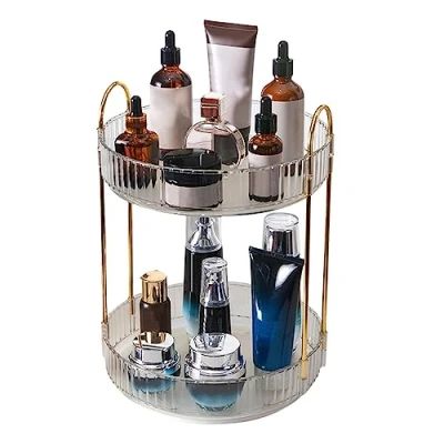 Afbeelding van 360 roterende make up organizer, cosmetische opslag huidverzorging draaiende houder lippenstiften borstels parfum display stand doos voor kaptafel, dressoir, badkamer (helder 2 niveaus)