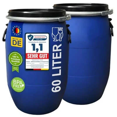 Afbeelding van 2 stuks: 60 L brede hals met spansluiting 100% voedselveilig universele vat voederton regenmaïsche diervoer drinkwater camping opslagvat stapelbaar blauw