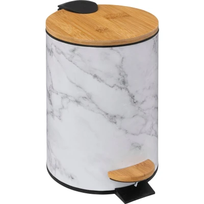 Afbeelding van 5Five Prullenbak/pedaalemmer Marmer look wit 3 liter metaal/bamboe 17 x 25 cm Pedaalemmers