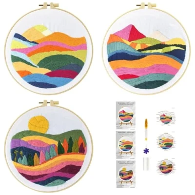 Afbeelding van 51buyoutgo borduurset voor volwassenen, 3 stuks, berglandschap, beginners, borduurset, borduursjablonen, kruissteek, voorgedrukt, borduurafbeeldingen, borduurpakking,