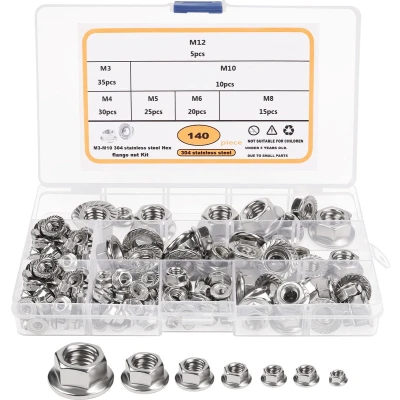 Afbeelding van Belle Vous Roestvrij Stalen Hex Flensmoeren (140 Pak) M3, M4, M5, M6, M8, M10 &amp; M12 Moeren Assortiment met Opslag Doos Getande Flenskit Voor Huis Bouwwerk