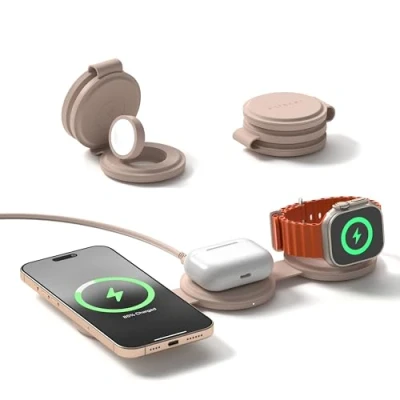 Afbeelding van SATECHI OnTheGo 3 in 1 Qi2 Reislader met 15W snelladen voor iPhone, 5W Apple Watch en AirPods, Draadloze magnetische MagSafe oplader Desert Rose