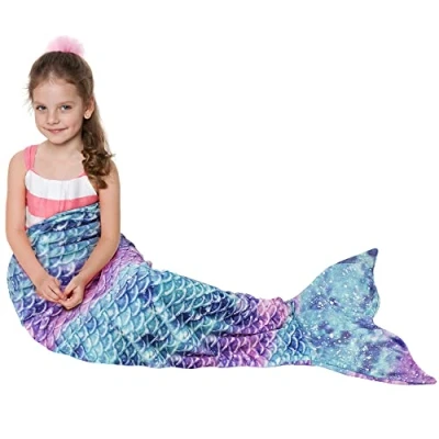 Afbeelding van Catalonia Classy Zeemeerminnenstaart deken, zachte warme pluche fleece slaapzak knuffeldeken, 155 x 50 cm visschubbenpatroon, sterrenhemel