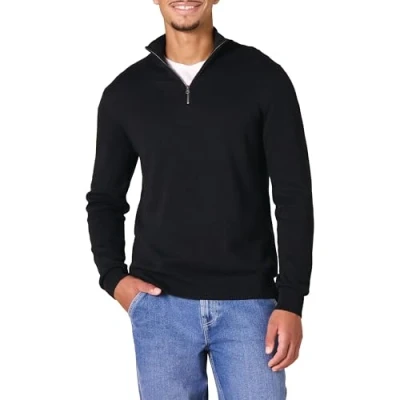 Afbeelding van Amazon Essentials Heren 100% Katoen Quarter Zip Trui, Zwart, Large