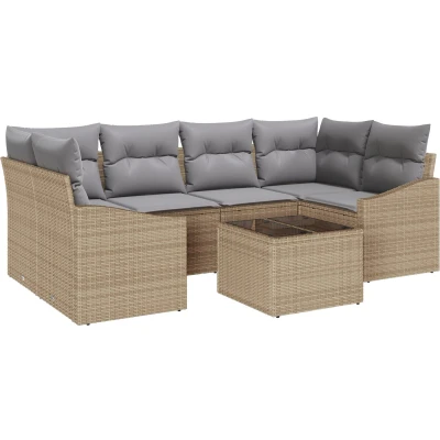 Afbeelding van vidaXL 7 delige tuin eetset met kussens beige poly rattan