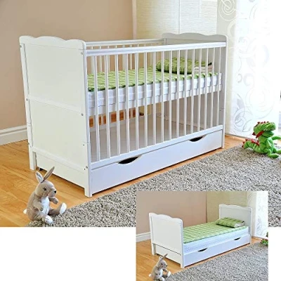 Afbeelding van BABY ledikant met lade deksel, babybed, kinderbed aloë vera schuimmatras, tandrails, in hoogte verstelbaar, wit, om te bouwen tot juniorbed