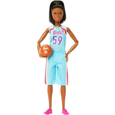 Afbeelding van Barbie Made to Move Pop en Accessoires, Basketbalspeelster met bal in tenue (kan aan uit), brunette, 22 beweegbare gewrichten, HKT74