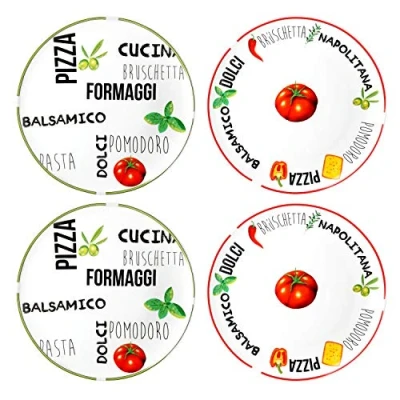 Afbeelding van MamboCat 4 x grote pizzaborden, wit, Ø 31 cm, set van ronde borden met aantrekkelijke belettering voor pizza&#039;s, serveerschaal motieven, voorgerechtenborden personen, pizzaplaat,