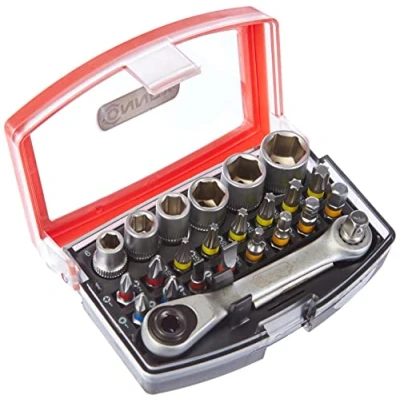 Afbeelding van Connex COXB973925 Bit en steeksleutelset, 25 delig, stabiele kunststof doos, 1/4 inch, inclusief mini ratel bithouder, voor montage schroefwerkzaamheden, dopsleutelset, bitset