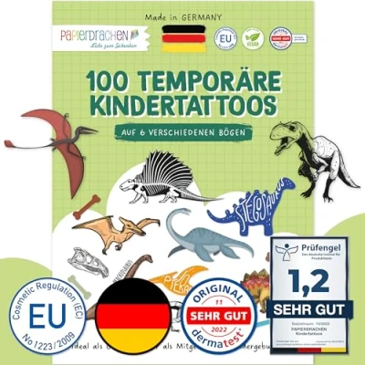 Afbeelding van 100 Tattoos om op te plakken huidvriendelijke kindertattoos dinosaurussen kindvriendelijke ontwerpen als verjaardagscadeau of cadeau idee Veganistisch.
