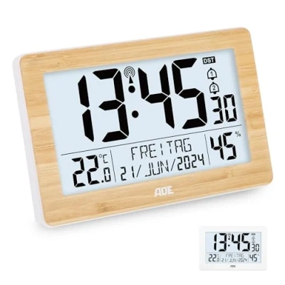 Afbeelding van ADE Digitale radioklok met zeer grote cijfers, tafelklok, wandklok 2 wektijden en verlichting, thermometer, hygrometer, smal frame, mat zwart