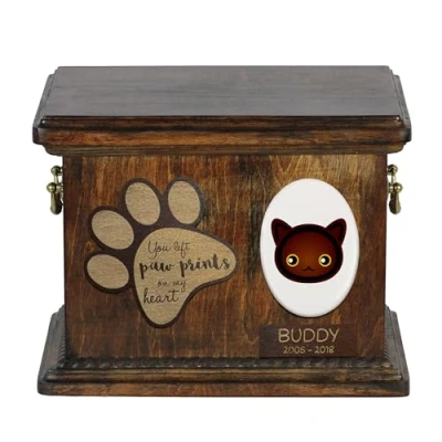Afbeelding van Art Dog Custom Cat Memorial Urn Handgemaakte houten kist met keramische plaat Gepersonaliseerde kattencrematiedoos 8,3x11,4x8,7 Havana Bruin