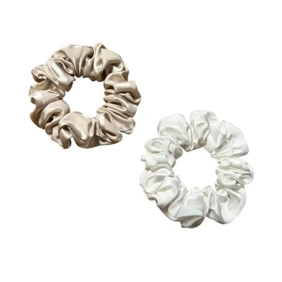 Afbeelding van townssilk Zijde haarbanden haar Bobbles scrunchies band 100% Pure Moerbei 22 Momme Haarvriendelijke Luxe Elastische Gestreepte 2 st koffie en Wit
