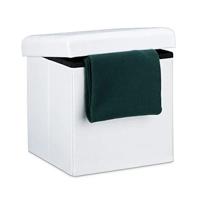 Afbeelding van Relaxdays opvouwbare poef met opbergruimte, linnen, 38 x cm, vierkant, afneembare deksel, voetenbank, wit
