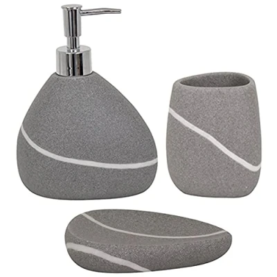 Afbeelding van MSV Bad Accessoires Polyresin 3 delig Zeepdispenser, Zeepschaal, Tandenborstelbeker Stone Grey Zen
