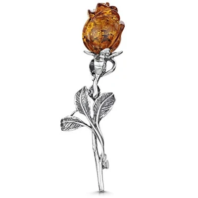 Afbeelding van Amberta Sieraden Echt 925 Sterling Zilver Spelden voor Vrouwen Zilveren met Amber Roos Bloem Broches Honing Barnsteen