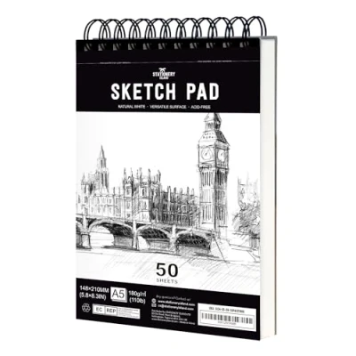Afbeelding van STATIONERY ISLAND Schetsblok, A5 schetsboek, 180 g/m² dik papier, 100 pagina&#039;s/50 vellen, spiraalgebonden 1 stuk