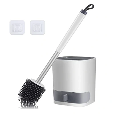 Afbeelding van Toiletborstel, HIYAA toiletborstels &amp; houders siliconen, toiletreinigingsborstel met sneldrogende houder en antislip roestvrijstalen handvat voor badkamer, wit, 1 pak