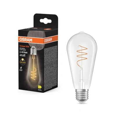 Afbeelding van OSRAM Vintage 1906 Edison ist eine warmweiße LED Lampe mit spiralförmigem Filament in Kolbenform. Sie bietet 3.4 W für 470 lm, E27 Fassung, klarfarbenes Glas, 64 mm Durchmesser, 2700 K.