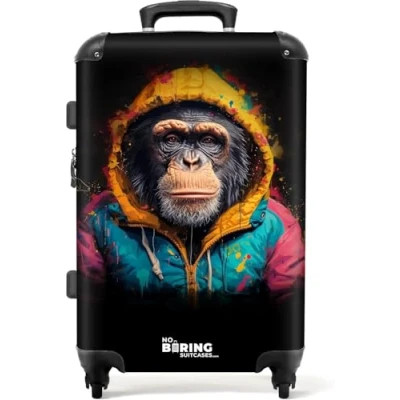 Afbeelding van NoBoringSuitcases.com® Koffer groot Rolkoffer lichtgewicht Aap met kleurrijk vest Reiskoffer 4 wielen Grote trolley XL 20 kg bagage