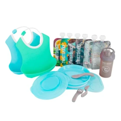 Afbeelding van Twistshake Kinderserviesset Click mat Mini met 2x slabbetjes, drinkfles, 6x knijpschot, BPA vrij, blauw/groen/jongen, 3, 78817