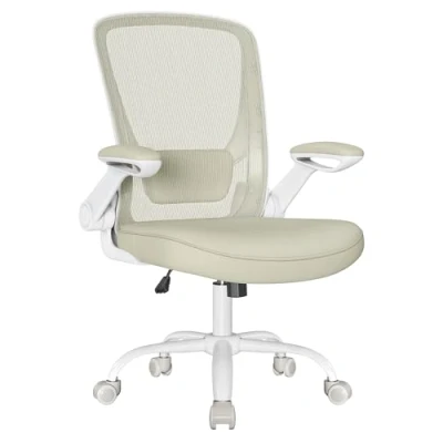 Afbeelding van SONGMICS bureaustoel, draaistoel met gaasbekleding, ergonomische, gecapitonneerde lendensteun, wipfunctie, zitting 53 cm, opklapbare armleuningen, havermoutbeige OBN037K02