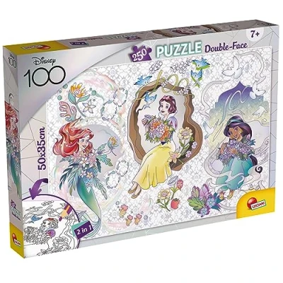 Afbeelding van LISCIANI Disney Puzzel 100 DF Plus 250 Stukjes Prinsessen Dubbelzijdig 2 in 1 en Kleurplaat 50 x 35 cm Voor Kinderen vanaf 7 jaar