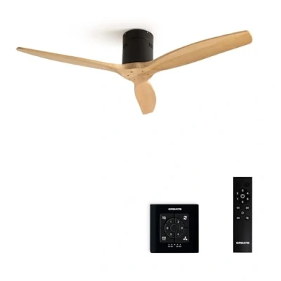 Afbeelding van CREATE Plafondventilator 40W silent Ø132 cm Controller voor wandmontage afstandsbediening Zwart Naturel Hout WIND CALM