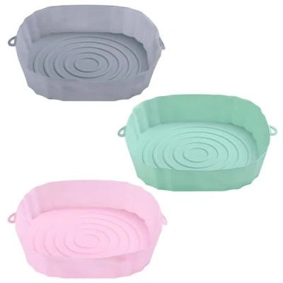 Afbeelding van Air Fryer Silicone Basket Liners 3 Stuks 18x4,5cm Universele Luchtfriteuse Mand Baking Tray Herbruikbare Ronde Hittebestendige Met Handvat Voor Oven Magnetron Taartpan Steamer
