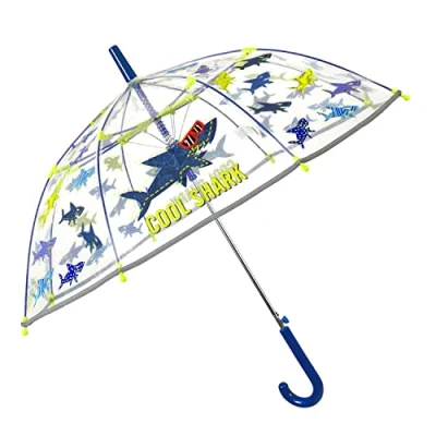 Afbeelding van p:os Cool Kids Shark Kinderparaplu met haaienmotief, reflecterend, transparant, winddicht, stokparaplu automatische opening en stevig fiberglasframe, diameter ca 64 cm