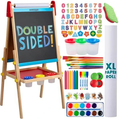 Afbeelding van Blue Squid Kunstezel voor kinderen Dubbelzijdige verstelbare houten schilderschildersezels met magnetisch krijtbord, whiteboard, papierrol inclusief 100+ accessoires, ideaal peuters en