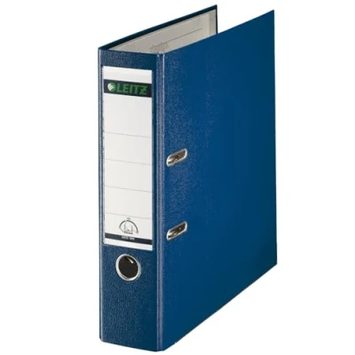 Afbeelding van Leitz Plastic hendelboogvijl, 90 procent gerecycleerde kaart, 30 pre consumer gerecycled plastic, met duimgat en rado ringen, 80 mm rug 600 vel capaciteit, blauw, 10101035