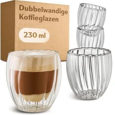 Afbeelding van Cosumy Cappuccinokopjes Glas Dubbelwandige 230ml Set von 4 met handvat Warmte isolerend Zwevend effect Geribbeld design Hittebestendig Vaatwasmachinebestendig
