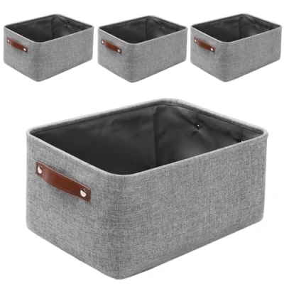 Afbeelding van Mangata Opvouwbare opbergmanden met lederen handvat, 4 stuks, verdikte linnen stof, opbergdoos, mand voor speelgoed, kleding, thuis, wasgoed (grijs, medium)