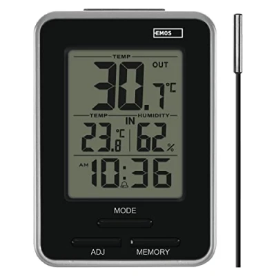 Afbeelding van EMOS Digitale thermometer met buitensensor, binnen en buitenthermometer hygrometer, weergave min. max. meetwaarden, wekker snooze functie, werkt op batterijen, zilver