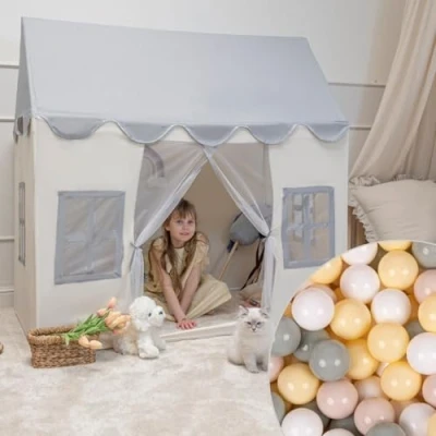 Afbeelding van KiddyMoon Kindertent Speelhuisje Met 200 Ballen Opvouwbaar Voor Kinderen Speeltent Duurzaam Materiaal Stimuleert Creativiteit Ideaal Binnen En Buiten, Wit Grijs:Pastel Beige/Grijs/Wit/Zwart