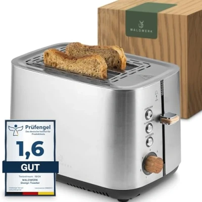 Afbeelding van WALDWERK Design broodrooster, van 304 roestvrij staal en eikenhout, voor 2 sneetjes, met extra brede diepe broodroosters, kruimellade